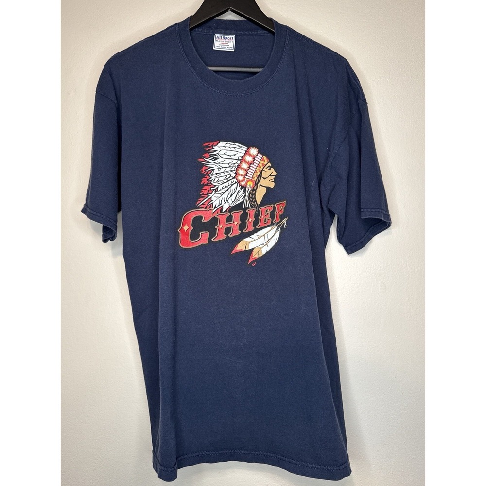 Vintage 90s Indian Head Chief Graphic T Shirt XL AllSport USA Navy